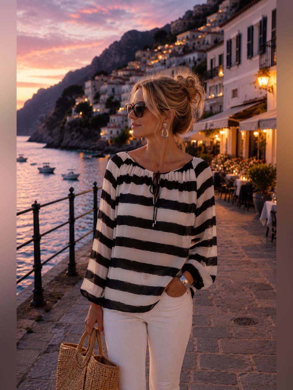 Ann Taylor Black White Sheer Striped Peasant Blouse Tie Neck Size L